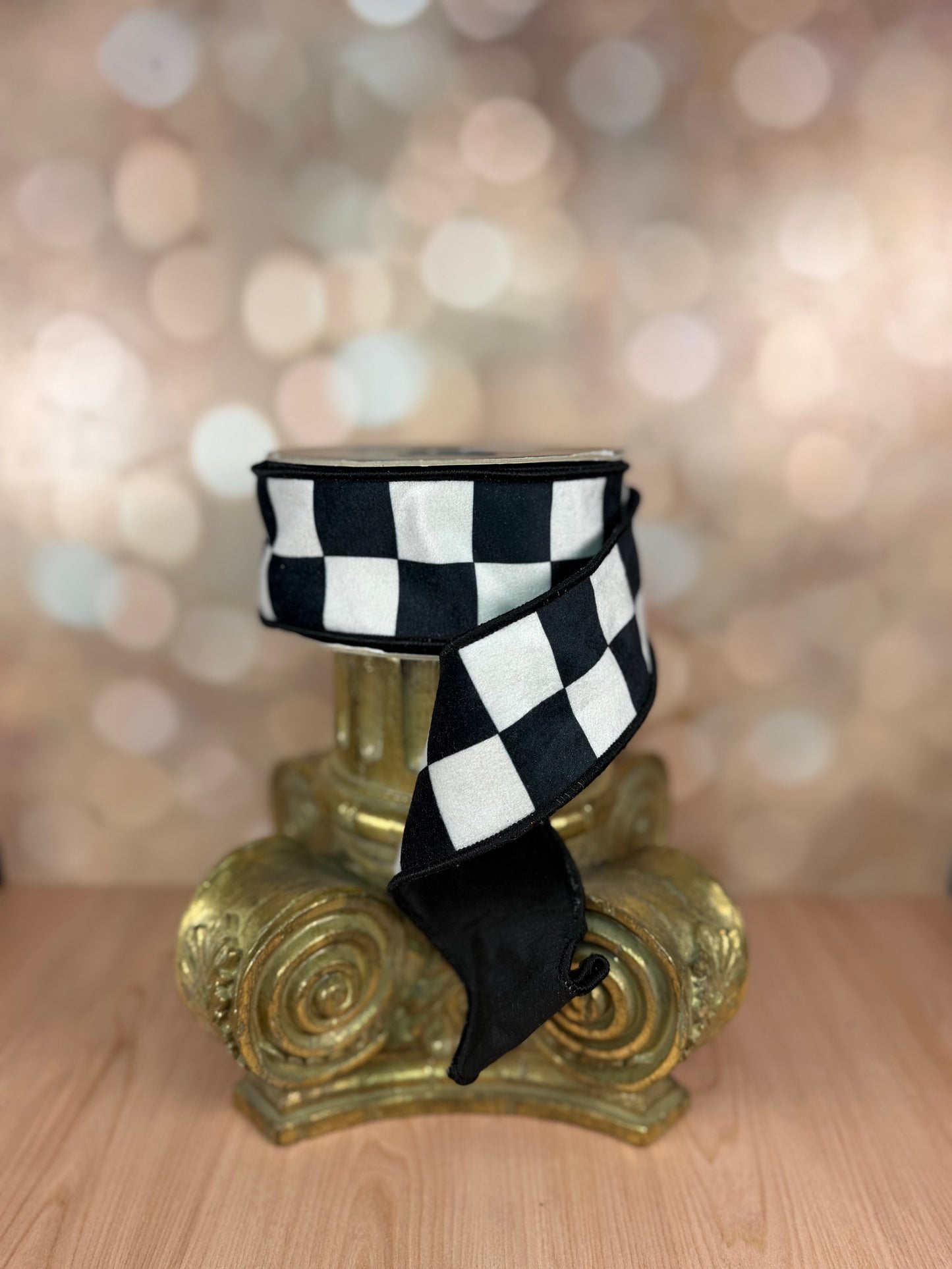 2.5"X10YD Black/White checks velvet ribbon with black dupioni backing - Burlap and Bling Decor