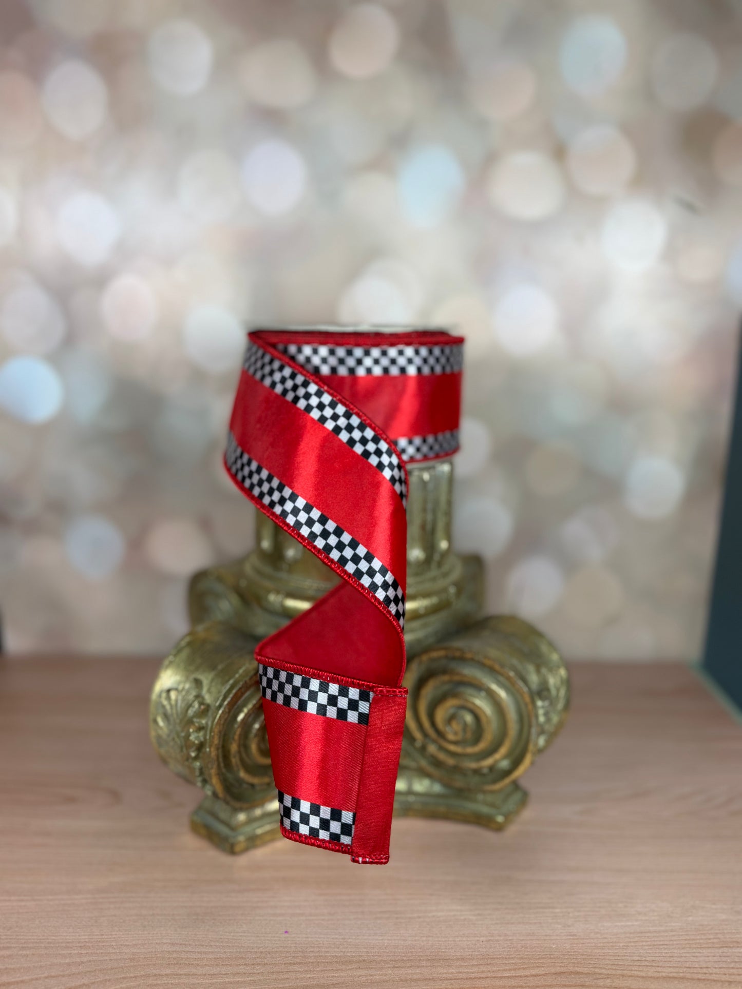 2.5" x 10 yds Red Satin Ribbon with Black and White Checker Trim - Burlap and Bling Decor