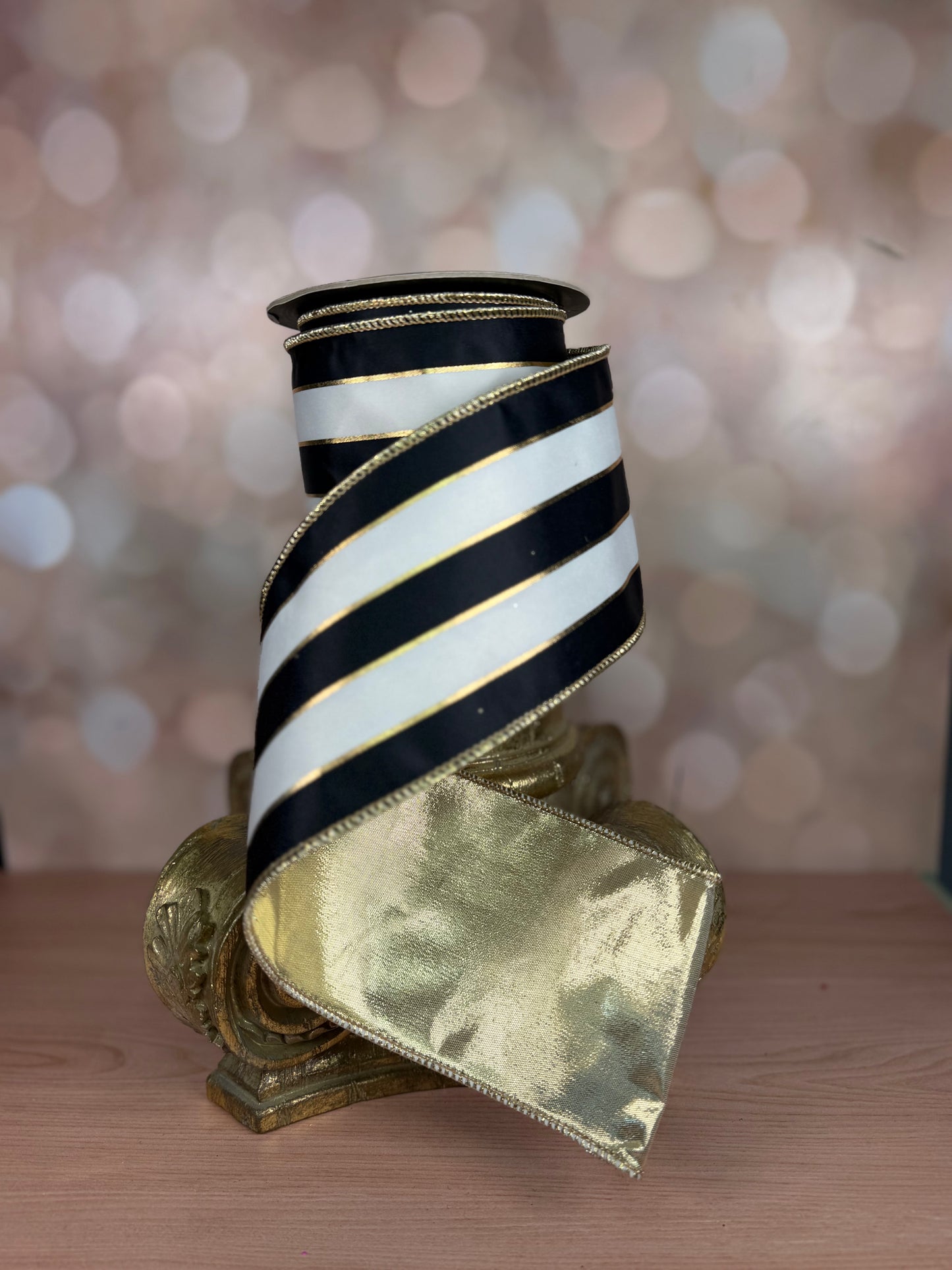 4" x 10 yds Black and White Stripe Ribbon with Gold Back and Gold Details - Burlap and Bling Decor