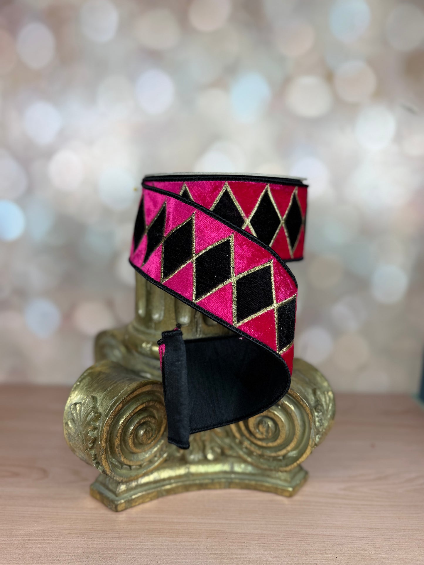 2.5" 10 yards black diamond on hot pink with gold outline - Burlap and Bling Decor