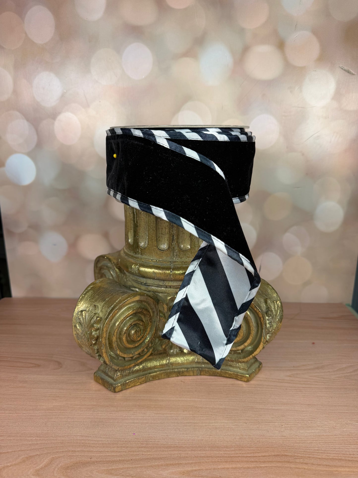 2.5" x 10 yds Black Velvet Ribbon with Black and White Back and striped Edge on Satin Backing - Burlap and Bling Decor