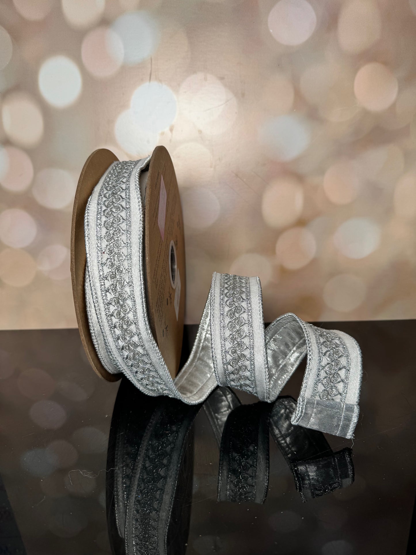 1.5 X 10yards Double-Fused Velvet Ribbon w/ Metallic Trim White/Silver Wired Ribbon - Burlap and Bling Decor