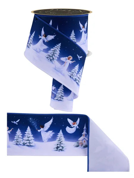 4"X10YD ANGEL WINTER SCENE/FUSED WHITE/BLUE/GRN/BEIGE WIRED RIBBON - Burlap and Bling Decor