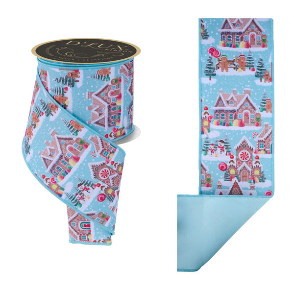 4"X10YD GINGERBREAD VILLAGE/FUSED LT BLUE/WHT/TURQ/BRWN - Burlap and Bling Decor