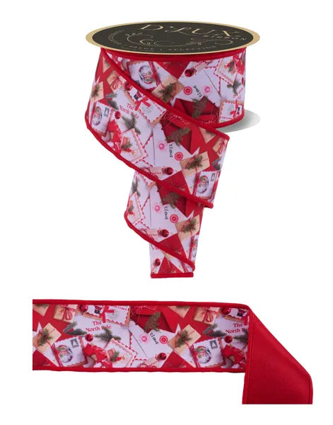 2.5"X10YD LETTERS TO SANTA/FUSED RED/OFF WHITE/GREEN WIRED RIBBON - Burlap and Bling Decor