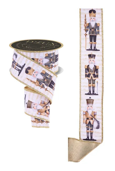 2.5"X10YD NUTCRACKER/FUSED WHITE/BLACK/GOLD/LIGHT TONE WIRED RIBBON - Burlap and Bling Decor