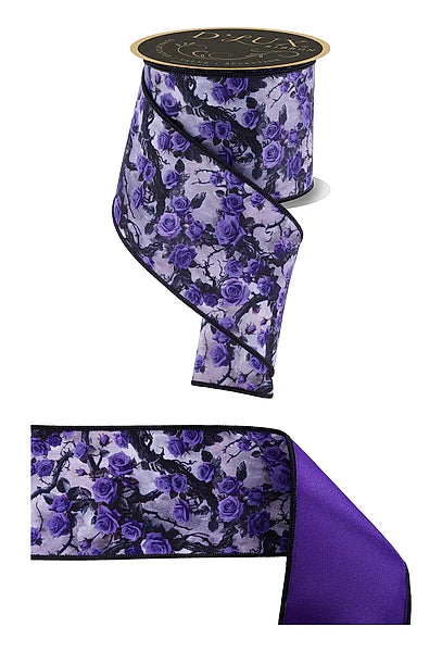 4"X10YD ROSES AND VINES/FUSED VIOLET/LILAC/GREY/BLACK WIRED RIBBON