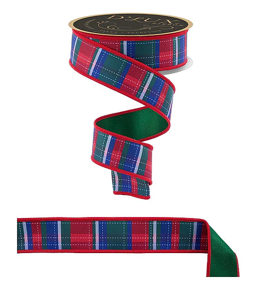 1.5"X10YD DASHED PLAID/FUSED WHITE/RED/EMRLD/BLUE WIRED RIBBON