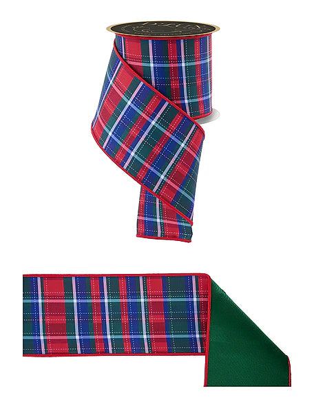 4"X10YD DASHED PLAID/FUSED WHITE/RED/EMRLD/BLUE WIRED RIBBON
