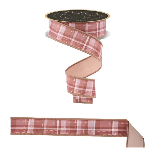 1.5"X10YD DASHED PLAID/FUSED IVORY/WHT/BRWN/TAN WIRED RIBBON - Burlap and Bling Decor
