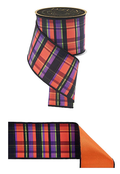 4"X10YD DASHED PLAID/FUSED WHT/BLK/ORNG/LIME/PRPL WIRED RIBBON