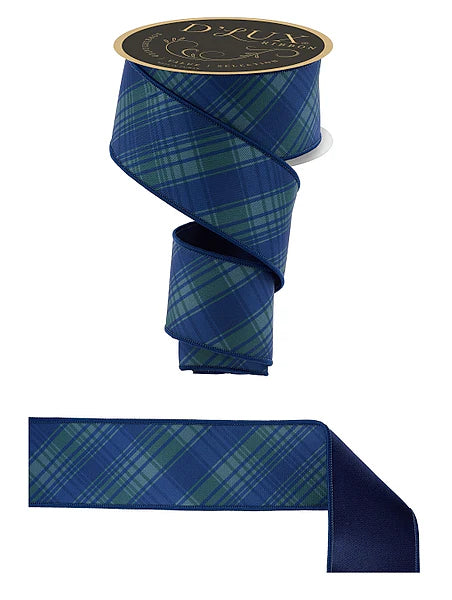 2.5"X10YD DIAGONAL PRINT PLAID/NAVY BLUE/EMERALD GREEN