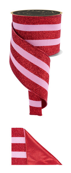4"X10YD VERT GLITTER STRIPE/SEWN PINK/RED - Burlap and Bling Decor
