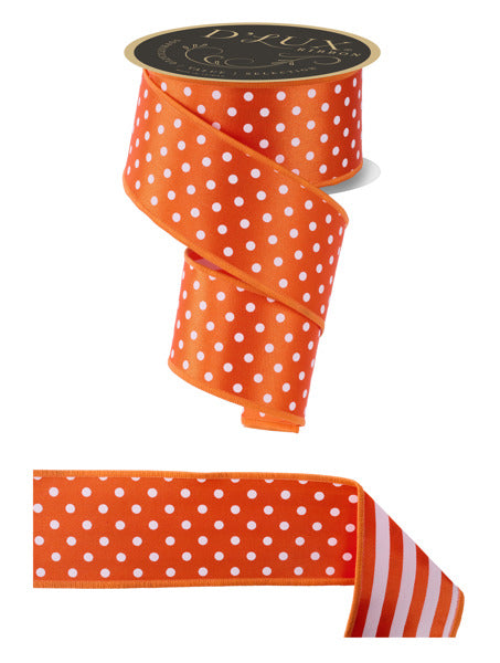 2.5"X10YD POLKA DOT/STRIPE/FUSED ORANGE/WHITE - Burlap and Bling Decor