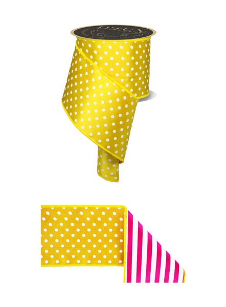 4"X10YD POLKA DOT/STRIPE/FUSED SUN YELLOW/WHITE/HOT PINK - Burlap and Bling Decor