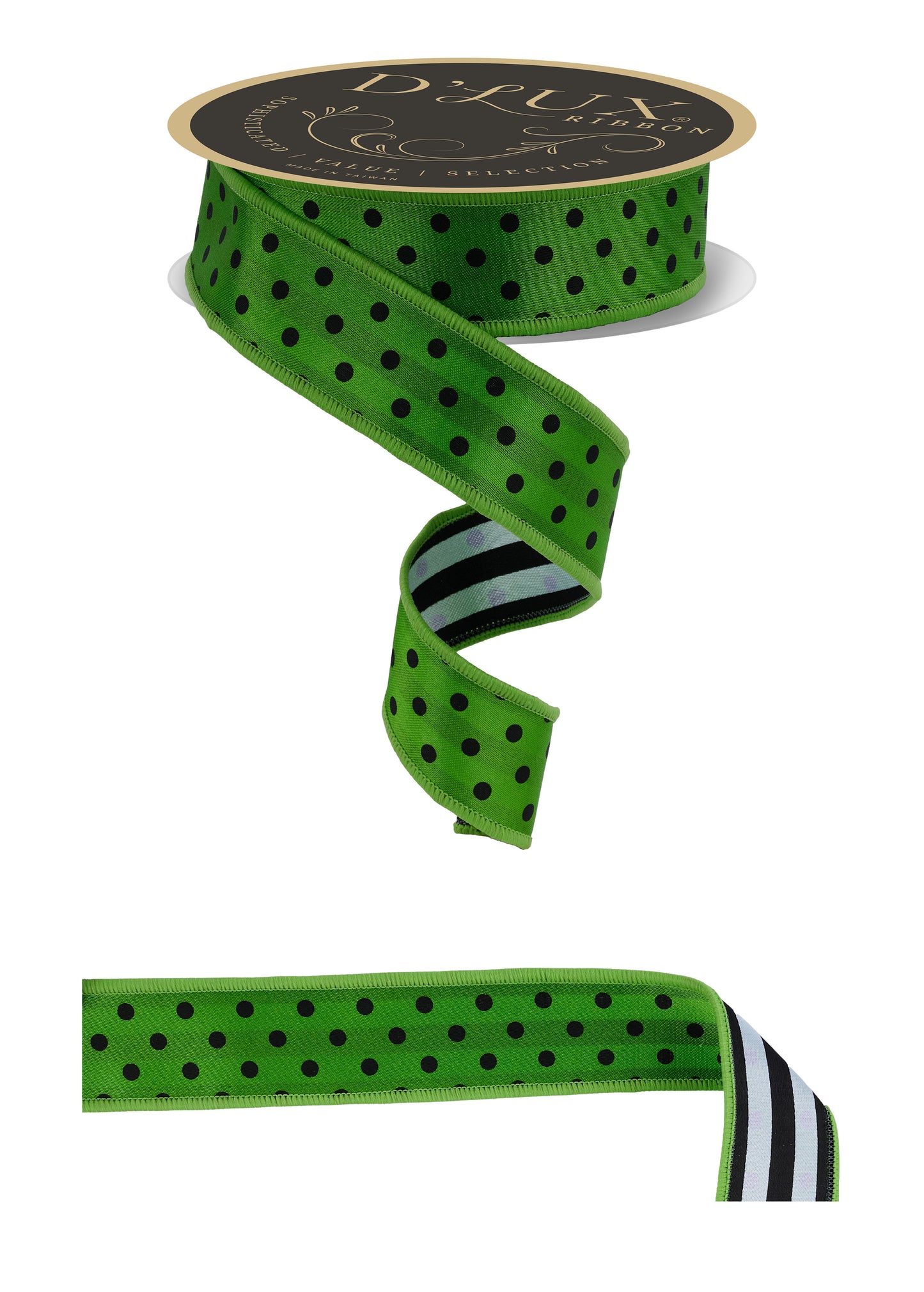 1.5"X10YD POLKA DOT/STRIPE/FUSED FRESH GREEN/BLACK/WHITE
