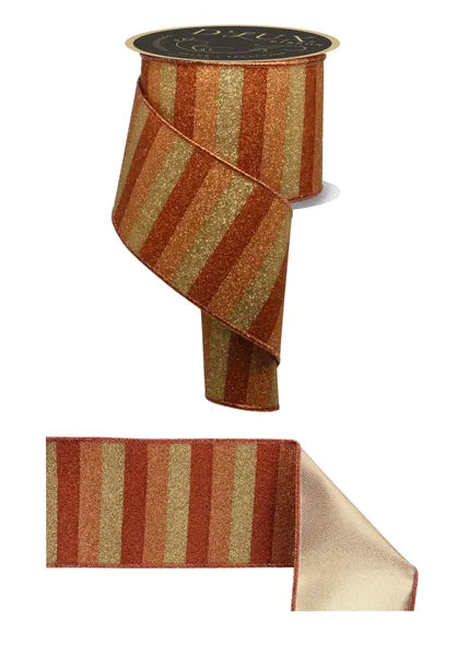 4"X10YD GLITTER STRIPE/FUSED DK CPPR/COPPER/LT CPPR WIRED RIBBON - Burlap and Bling Decor