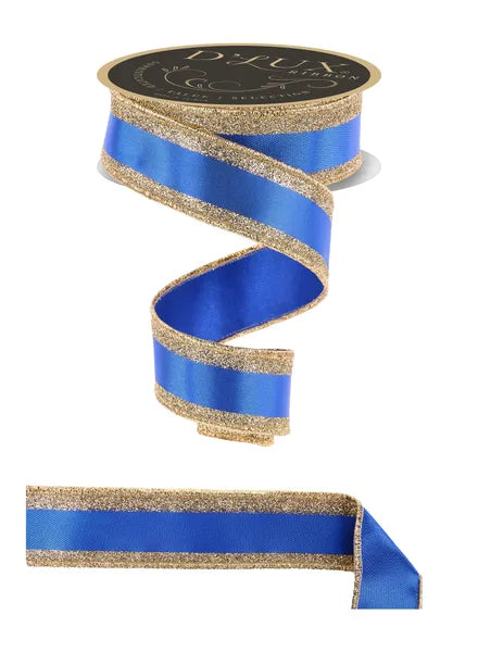 1.5"X10YD VERTICAL GLITTER STRIPE/FUSED ROYAL BLUE/GOLD WIRED RIBBON - Burlap and Bling Decor