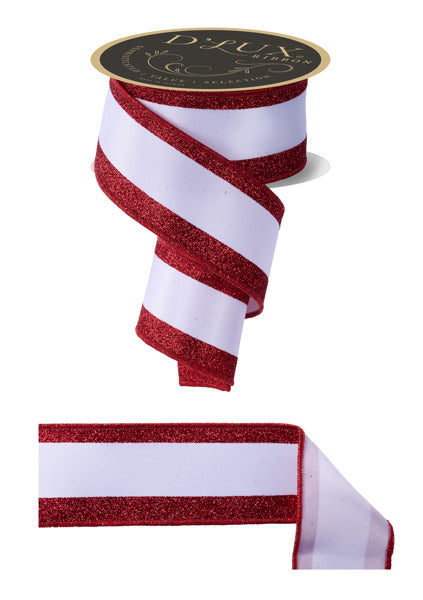 2.5"X10YD VERTICAL GLITTER STRIPE/FUSED WHITE/RED - Burlap and Bling Decor