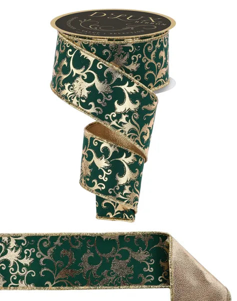 2.5"X10YD METALLIC FOIL SWIRL LEAF/FUSED HUNTER GREEN/GOLD WIRED RIBBON - Burlap and Bling Decor