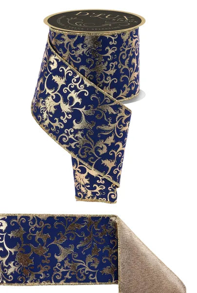 4"X10YD MET FOIL SWIRL LEAF/FUSED NAVY BLUE/GOLD WIRED RIBBON - Burlap and Bling Decor