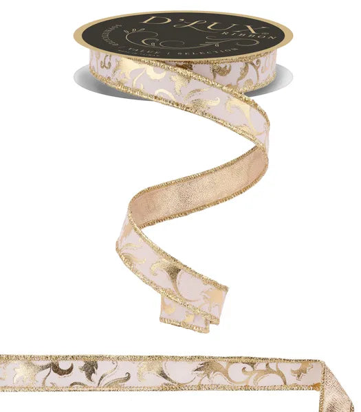 7/8"X10YD METALLIC FOIL SWIRL LEAF/FUSED IVORY/GOLD WIRED RIBBON - Burlap and Bling Decor