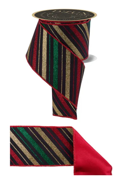 4"X10YD MULTI DIAGONAL STRIPE/FUSED BLACK/RED/GOLD/EMERALD WIRED RIBBON - Burlap and Bling Decor