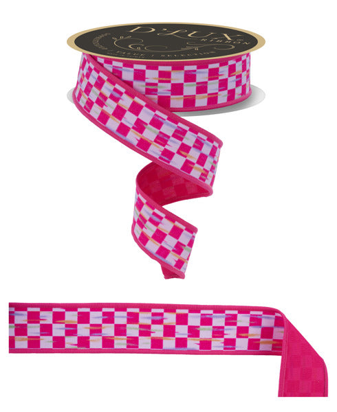 1.5"X10YD MINI ANTQ CHECKERBOARD/FUSED WHITE/HOT PINK - Burlap and Bling Decor