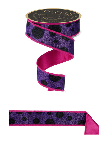 1.5"X10YD GIANT MULTI POLKA DOTS/FUSED BLACK/PURPLE/HOT PINK - Burlap and Bling Decor