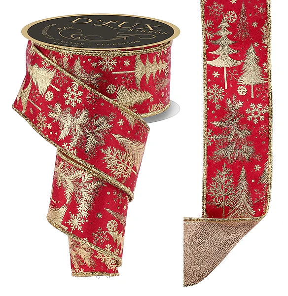 2.5"X10YD FOIL TREE/FUSED RED/GOLD WIRED RIBBON