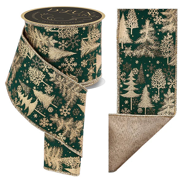 4"X10YD FOIL TREE/FUSED HUNTER GREEN/GOLD WIRED RIBBON