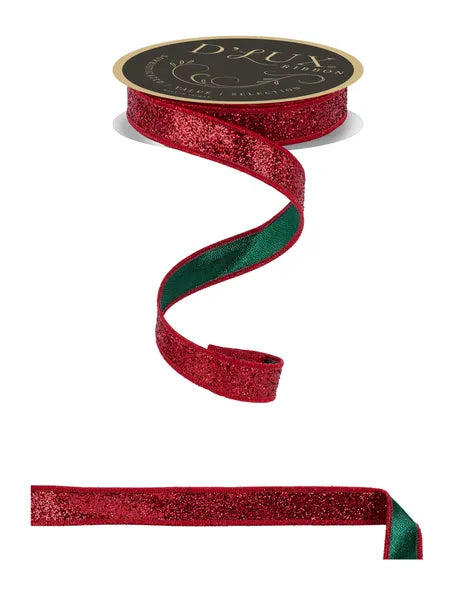 7/8"X10YD LASER GLITTER/FUSED LASER RED/EMERALD GREEN WIRED RIBBON - Burlap and Bling Decor