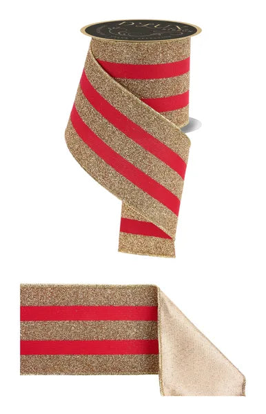 4"X10YD VERT GLITTER STRIPE/FUSED RED/GOLD WIRED RIBBON - Burlap and Bling Decor