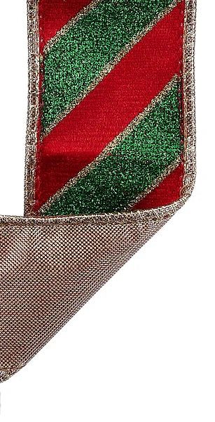1.5"X10YD VELVET GLITTER DIAGONAL STRIPE/FUSED RED/EMERALD/GOLD WIRED RIBBON