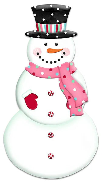 12"H X 6.5"L EMBOSSED SNOWMAN W/SCARF WHITE/PINK/RED/BLACK