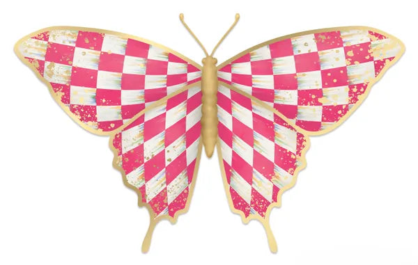 9.75"L X 6"H ANTIQUE CHECK BUTTERFLY HOT PINK/WHITE/GOLD - Burlap and Bling Decor