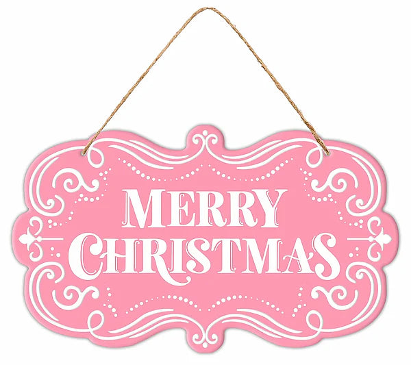 11.5"L X 6.75"H MERRY CHRISTMAS SIGN PINK/WHITE