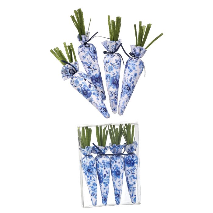 FABRIC TOILE EASTER CARROT 10" BOX OF 4 BLUE/WHITE - Burlap and Bling Decor