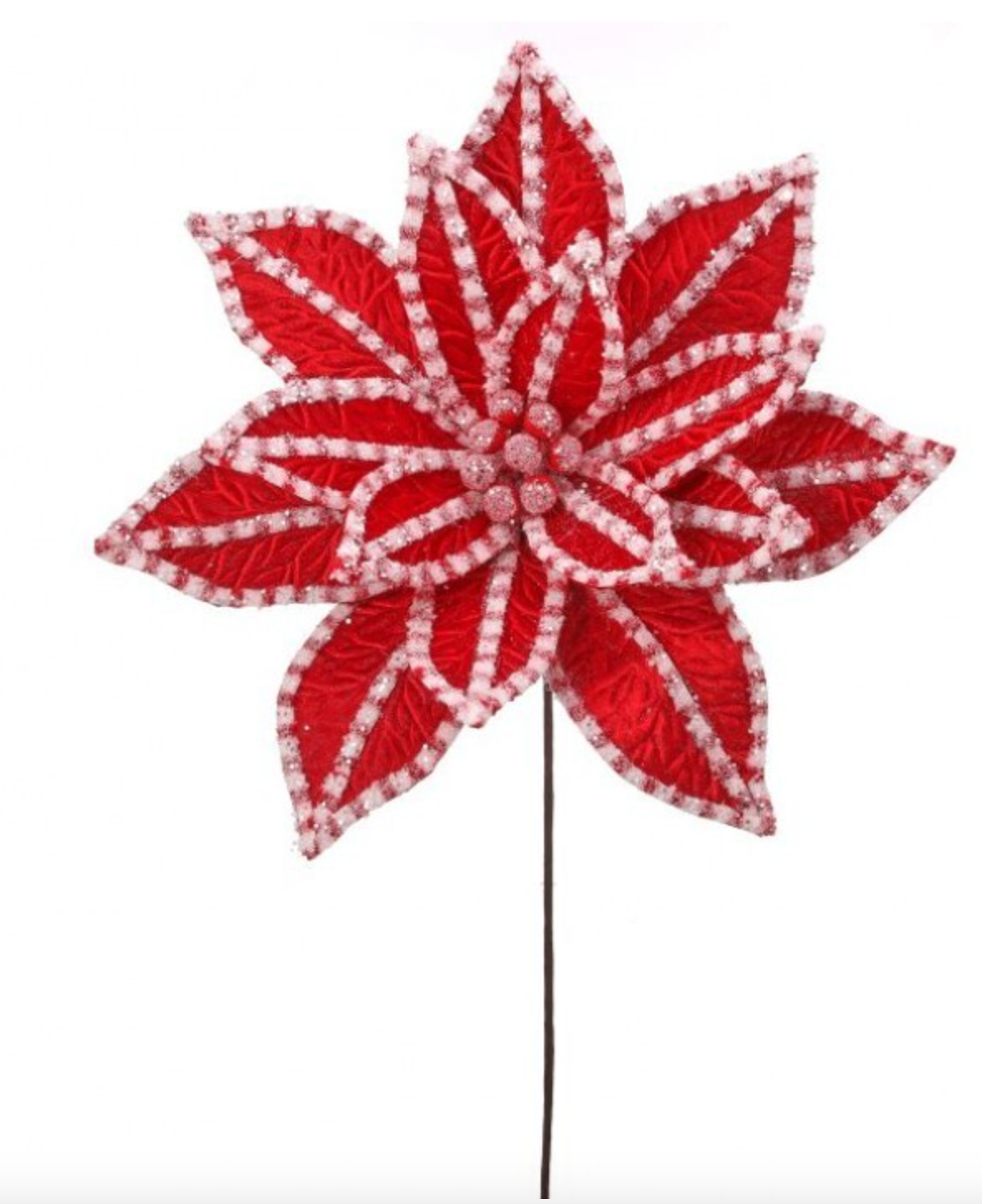 30" GIANT CANDY SNOW GLITTER POINSETTA STEM RDWH - Burlap and Bling Decor