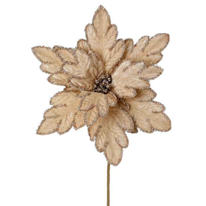 24" BEADED CHAMPAGNE VELVET POINSETTIA STEM - Burlap and Bling Decor