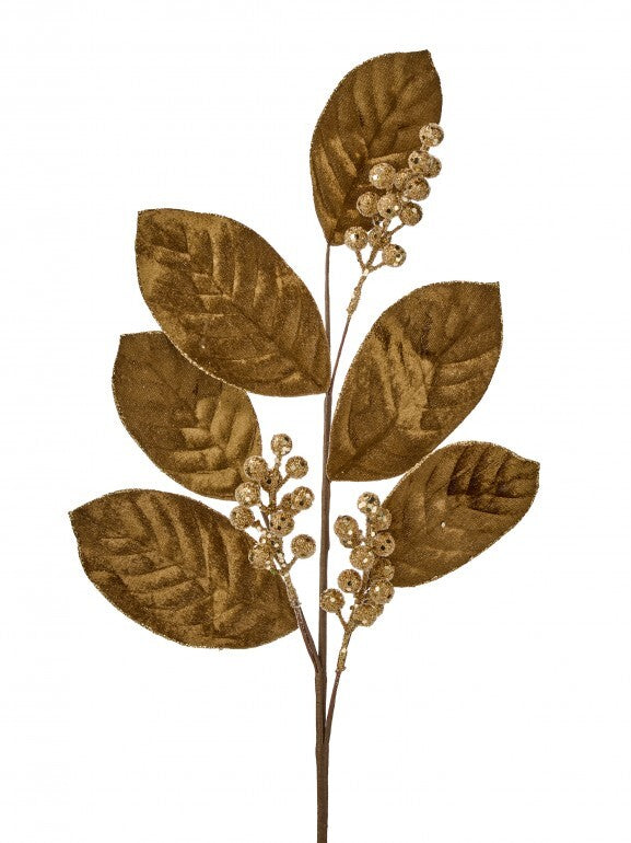 27" VELVET SEQUIN MAGNOLIA LEAF W/BERRY SPRAY BRWN