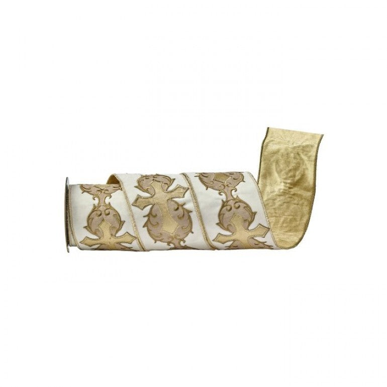 4"X5Y EMB CROSS VELVET RIBBON IVORY GOLD