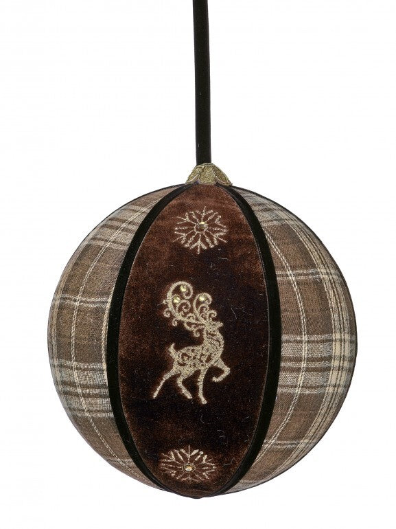 8" PLAID DEER VELVET BALL ORNAMENT CHOC