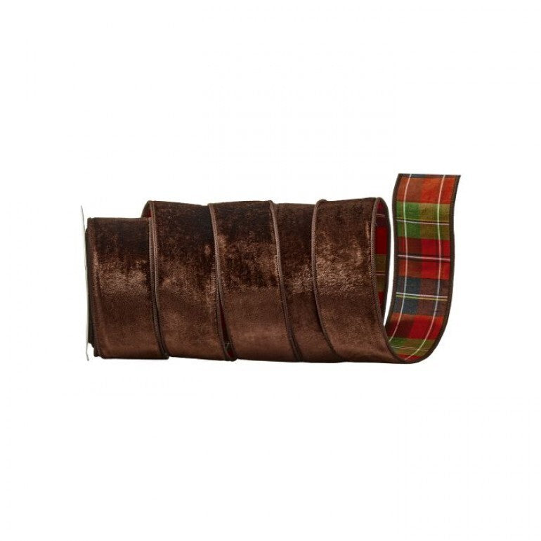 2.5"X10YVLVTW/HIGHLANDS PLAID BACKED RIBI CHOCOLATE - Burlap and Bling Decor