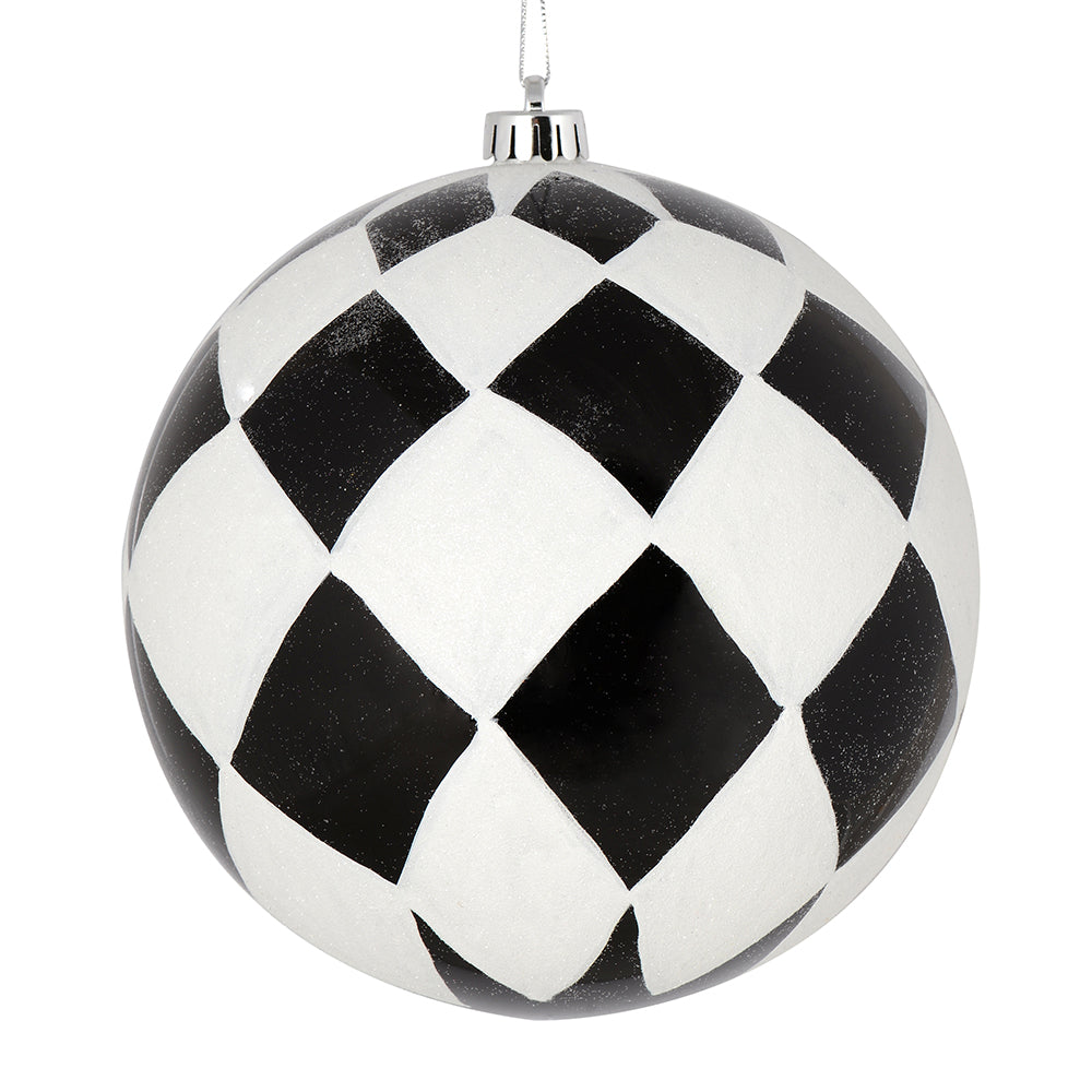 4" Black Ball with White Diamond Glitter Ornament - Burlap and Bling Decor