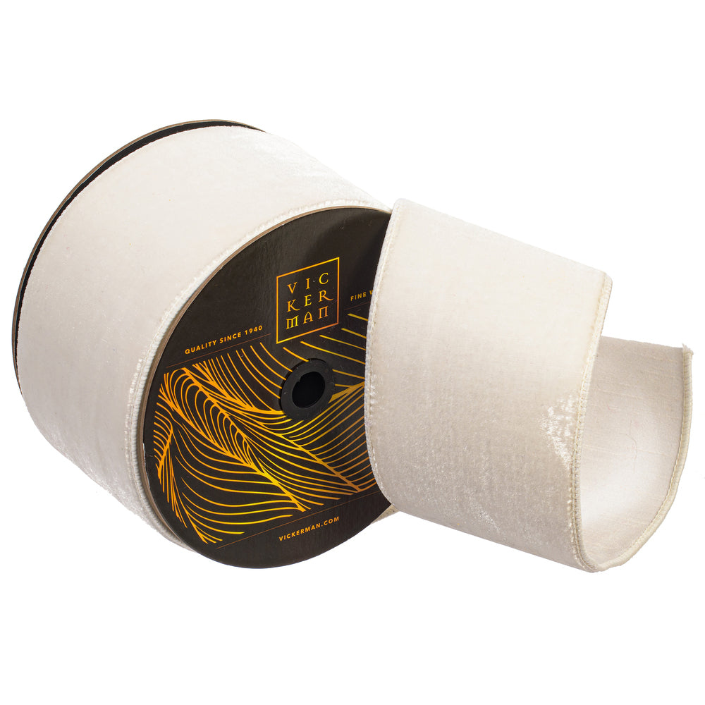 4"x10yd White Velvet Dupion Wired Ribbon - Burlap and Bling Decor