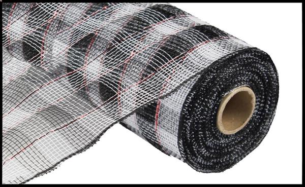 10"X10YD PLAID MESH-White/Black W/Red Foil - Burlap and Bling Decor