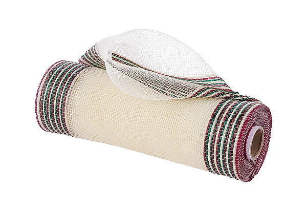 10"X10YD BORDER STRIPE MESH CREAM/BURGUNDY/HUNTER GRN