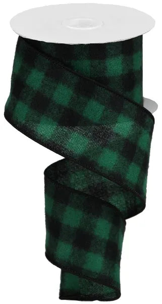 2.5"X10YD FUZZY FLANNEL BUFFALO PLAID EMERALD GREEN/BLACK WIRED RIBBON - Burlap and Bling Decor