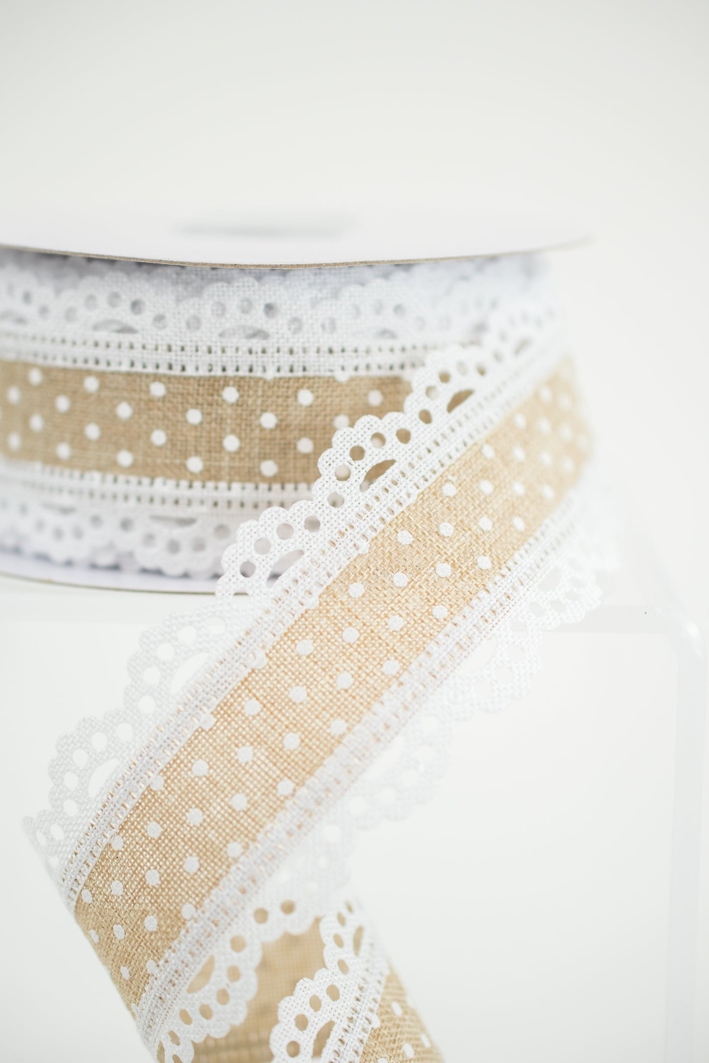 1.5" x 10yd Raised Swiss Dots W/Lace Natural with White - Burlap and Bling Decor